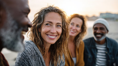 Group of four friends relaxing on the beach, sharing smiles and laughter during a golden sunset, capturing the essence of friendship and connection.の素材