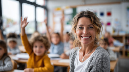 A joyful teacher smiles at the camera while students eagerly raise their hands in a colorful classroom. The environment promotes active participation and learning.の素材