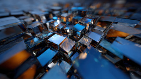 A detailed arrangement of glass blocks reflects light in varying shades of blue and orange. The artwork captures the play of colors and textures, presenting an abstract view of complexity at dusk.の素材