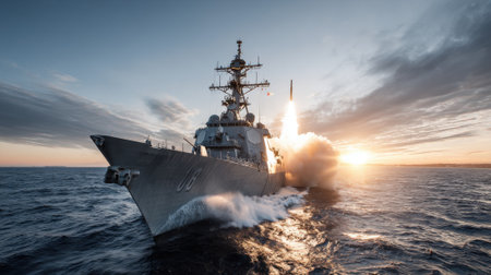 A US Navy destroyer conducts a missile launch during a naval exercise at sunset over the ocean, highlighting military readiness and maritime capabilities.の素材