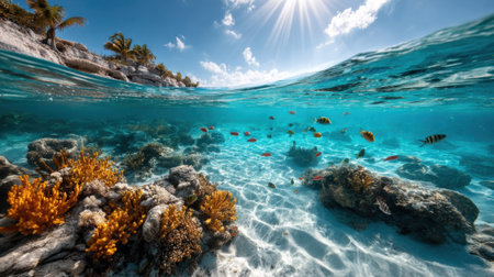 A stunning underwater view showcases bright corals and a variety of fish swimming in clear tropical waters. Sunlight filters through, illuminating the vibrant marine life.の素材