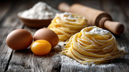 Fresh pasta sits on a wooden table, surrounded by flour and eggs. The warm, rustic setting enhances the artisanal feel of the culinary process.の素材