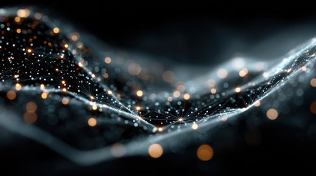 An intricate digital representation showcases a flowing network of luminous particles against a dark backdrop. The glowing orbs create a sense of depth and movement, embodied connectivity.の素材