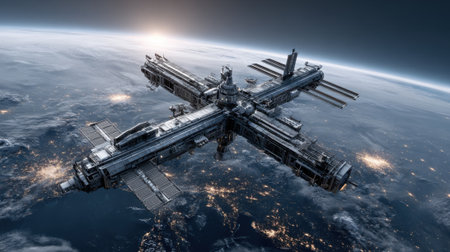 A futuristic space station floats above Earth with a detailed structure, illuminated by the first light of dawn. The planet below reveals glowing cities, enhancing the beauty of the view.の素材