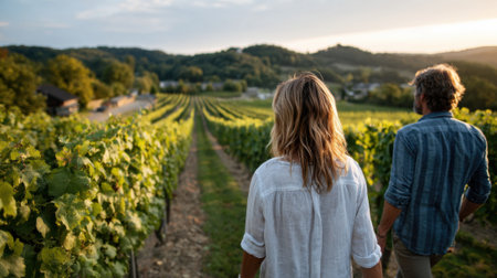 A couple strolls hand in hand through a lush vineyard during sunset, surrounded by rolling hills and rows of grapevines, creating a serene atmosphere perfect for relaxation.の素材