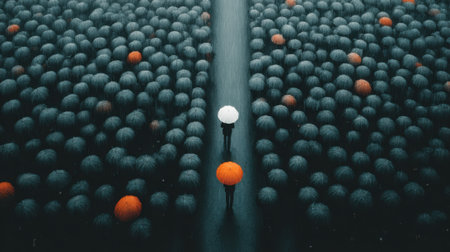 Two figures stand out against a sea of gray umbrellas, one holding a bright orange and the other a white umbrella. Rain creates a moody atmosphere as they walk along a path.の素材