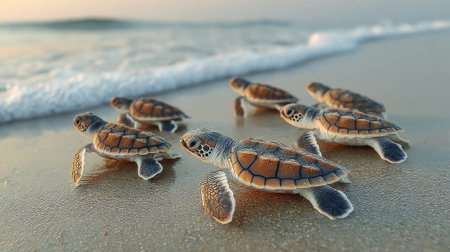 Newly hatched sea turtles struggle to reach the ocean as waves gently crash on the sandy beach during a beautiful sunrise, creating a serene yet urgent atmosphere.の素材
