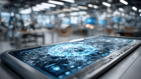 A high-tech touchscreen interface shows intricate holographic graphics and data patterns in a modern laboratory. The environment features multiple workstations and digital displays.の素材