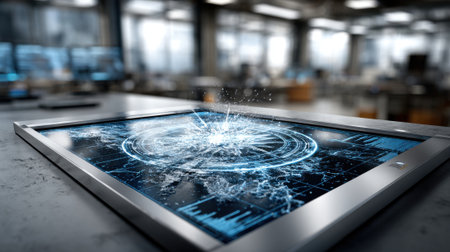 A sleek digital screen is positioned in a contemporary office, showing an animated data visualization with splashes of water effects. Sunlight streams in through large windows.の素材