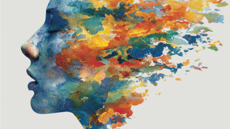 A profile view of a human face merges with bright, colorful paint splashes. This artistic representation embodies creativity and the interplay between emotions and art.の素材