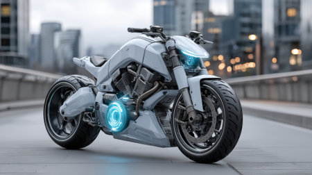 A striking motorcycle stands on a modern urban bridge during twilight. Its futuristic design features glowing elements and high-tech details, highlighting innovation and style in transportation.の素材
