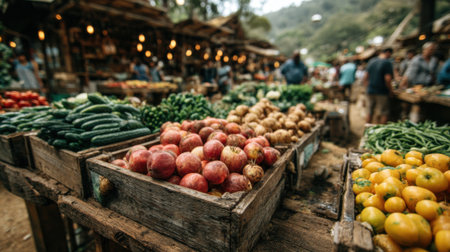 A lively outdoor market filled with vendors selling colorful fruits and vegetables. The bright greens, reds, and yellows attract shoppers strolling and selecting fresh goods under warm sunlight.の素材