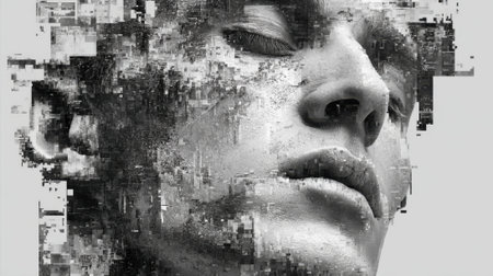 A striking visual explores the fusion of human features and digital elements. The intricate design showcases textures and layers, revealing complexity in identity and emotion.の素材