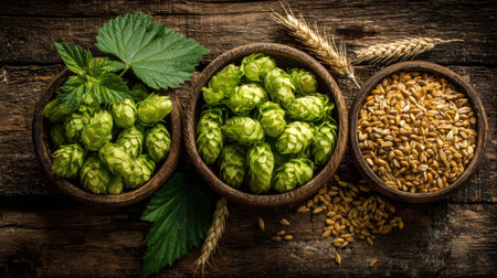 Fresh green hops and golden grains are displayed in rustic wooden bowls on a weathered wooden table. The setting reveals natural elements for brewing beer.の素材