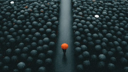 In a crowded street during a rainstorm, a solitary figure with an orange umbrella walks through a dense mass of black umbrellas. The contrasting colors create a striking visual.の素材