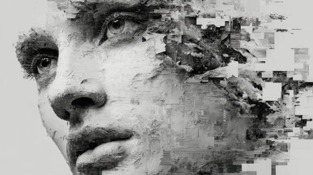 An intricate artwork showcases a portrait that combines elements of a face and abstract textures. The grayscale tones enhance the emotional depth of the piece.の素材