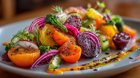 A vibrant mix of colorful vegetables including beets, carrots, and broccoli is beautifully arranged on a plate, showing freshness and flavor in a casual dining atmosphere.の素材
