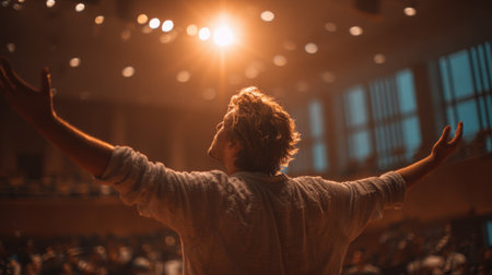 A musician passionately delivers a performance in a concert hall filled with attendees. The warm lighting enhances the emotional atmosphere of the evening event.の素材