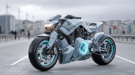 A sleek, futuristic motorcycle with a silver and blue design stands parked on a wide urban street. The overcast sky creates a dramatic backdrop, emphasizing the bike's unique features.の素材