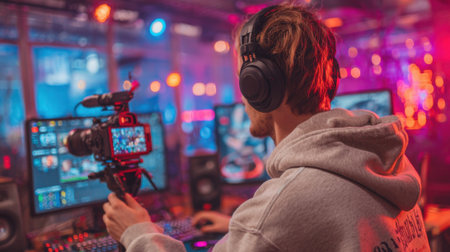 A gamer with headphones is focused on streaming gameplay in a vibrant studio filled with colorful lights and multiple monitors displaying dynamic content, creating an engaging atmosphere.の素材
