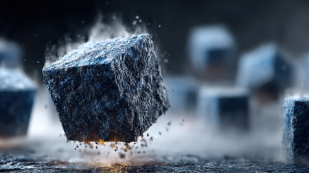 Granite cubes hover above a textured surface, enveloped in wisps of mist, creating a surreal and otherworldly feel in a dimly lit space.の素材