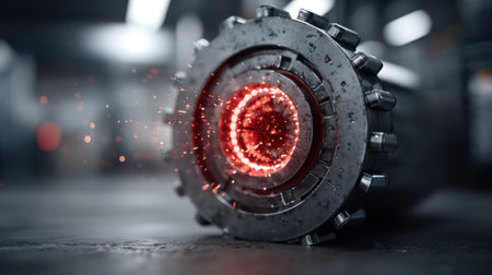 A metallic industrial component lies on the workshop floor, emitting a glowing red light from its center. Surrounding it is a dimly lit environment filled with tools and machinery.の素材