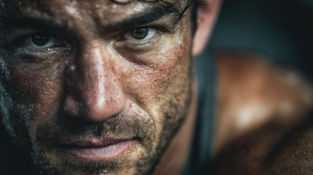 A focused athlete gazes intensely into the camera, showcasing determination and grit. Sweat glistens on his skin, emphasizing the effort put into training for his upcoming challenge.の素材