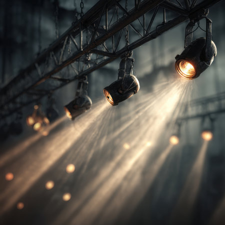 Bright spotlights cast beams of light through the dark space of a vintage theater, creating an atmosphere of anticipation for the upcoming performance during nighttime.の素材
