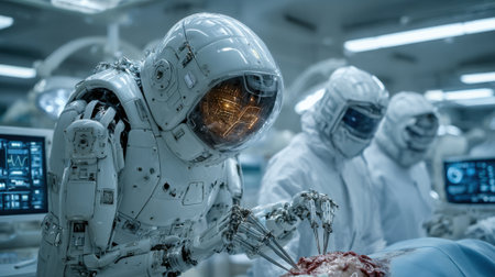 A sophisticated robot surgeon skillfully conducts a medical operation in a high-tech hospital environment. Nearby, medical personnel assist, ensuring precision and safety.の素材