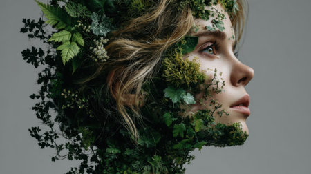 A young womans face blends seamlessly with vibrant green plants and foliage, capturing the harmony between human beauty and the natural world. The artwork emphasizes natures essence.の素材