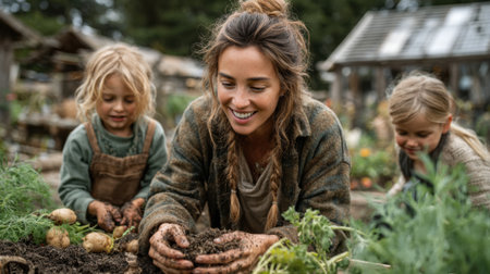 A woman and two young girls engage in gardening by planting vegetables and herbs in rich soil while surrounded by a lush garden filled with green plants under a blue sky.の素材