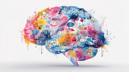 A vivid brain illustration filled with various colors and patterns represents creativity and innovation, reflecting complex thoughts and ideas in a vibrant, modern artistic style.の素材