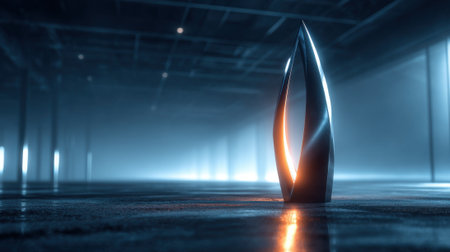 A sleek metallic sculpture stands alone in a dim, industrial environment. Soft lighting highlights the unique design, creating an atmospheric mood during evening hours.の素材