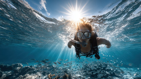 A snorkeler glides through clear ocean waters, surrounded by schools of fish and colorful coral. Sunlight filters down, creating a mesmerizing underwater atmosphere.の素材