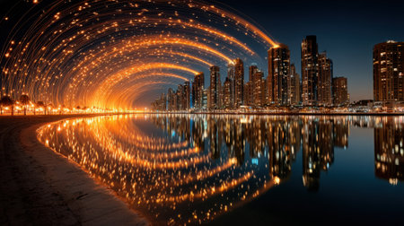 A stunning city skyline features tall buildings glowing with orange and gold light trails. The colorful reflections ripple across calm water as dusk settles, creating a serene atmosphere.の素材