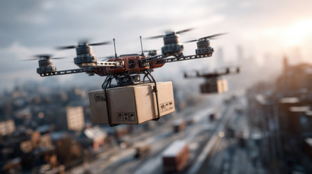 Drones are transporting packages above an urban skyline during sunset, showing advanced technology in delivery services. The city is partially cloudy with hints of orange in the sky.の素材