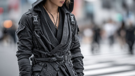 A person wearing a sleek, dark outfit resembling a ninja stands at a bustling city crosswalk. The busy urban environment emphasizes contemporary fashion and street style.の素材