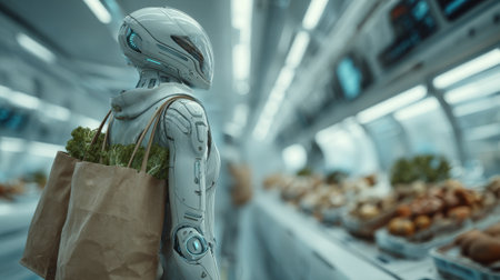 A humanoid robot stands in a sleek, high-tech grocery store, holding a paper bag filled with fresh produce. The store features futuristic shelving and bright lighting.の素材
