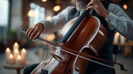 A skilled musician plays the cello, showcasing his talent in a cozy, candlelit environment. The ambiance is warm and soothing, enhancing the overall experience.の素材