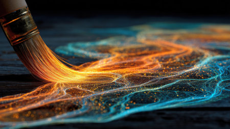 A paintbrush glides across a dark surface, leaving a trail of glowing colors. The vibrant orange and blue patterns intertwine, showcasing artistic expression in a studio setting.の素材