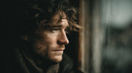 A man with curly hair reflects while looking out a window, raindrops glistening on the glass. The atmosphere feels introspective and cozy, hinting at a personal moment.の素材