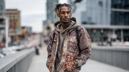 A man wearing a vibrant patterned jacket and hoodie walks along a city sidewalk. Skyscrapers loom in the background under a gray sky, capturing urban life.の素材
