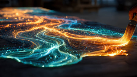 In a creative studio, an artist uses a paintbrush to apply bright colors that swirl together, forming a flowing abstract design. The scene captures vibrant hues like orange and blue.の素材