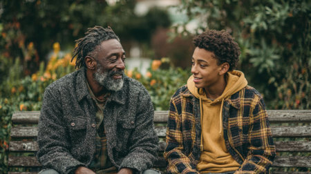 Two individuals are sharing a meaningful conversation while seated on a wooden bench in a vibrant park. They are surrounded by lush greenery and colorful flowers, enjoying each others company.の素材