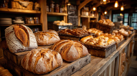 A rustic bakery features an array of freshly baked artisan breads, including crusty loaves and soft rolls, presented on wooden shelves.の素材
