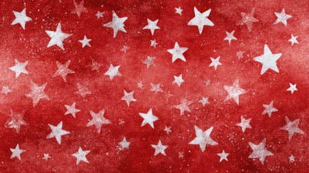 A vibrant red background features numerous white stars of different sizes, creating a lively and festive ambiance ideal for holiday decorations or creative projects.の素材