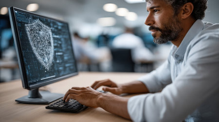 A man is focused on his work at a computer, analyzing cybersecurity data with various graphics displayed on the screen in a contemporary office setting.の素材