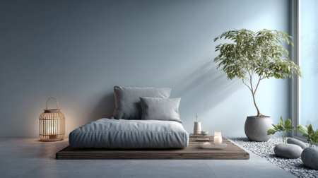 A tranquil indoor space features a large cushioned bed on a wooden platform, accompanied by soft pillows, a decorative lantern, and potted plants. Natural light enhances the calming atmosphere.の素材