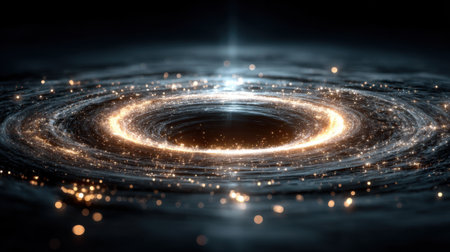 In a vast expanse of deep space, a stunning cosmic spiral takes shape around a black hole. Luminous particles create a mesmerizing display as gas and dust swirl gracefully in the dark.の素材