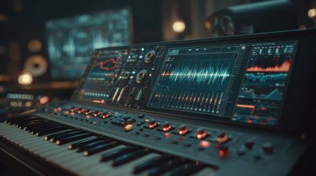 A well-equipped music production studio features a sleek electronic keyboard and advanced sound editing screens displaying audio waveforms. The ambient lighting adds a creative atmosphere.の素材